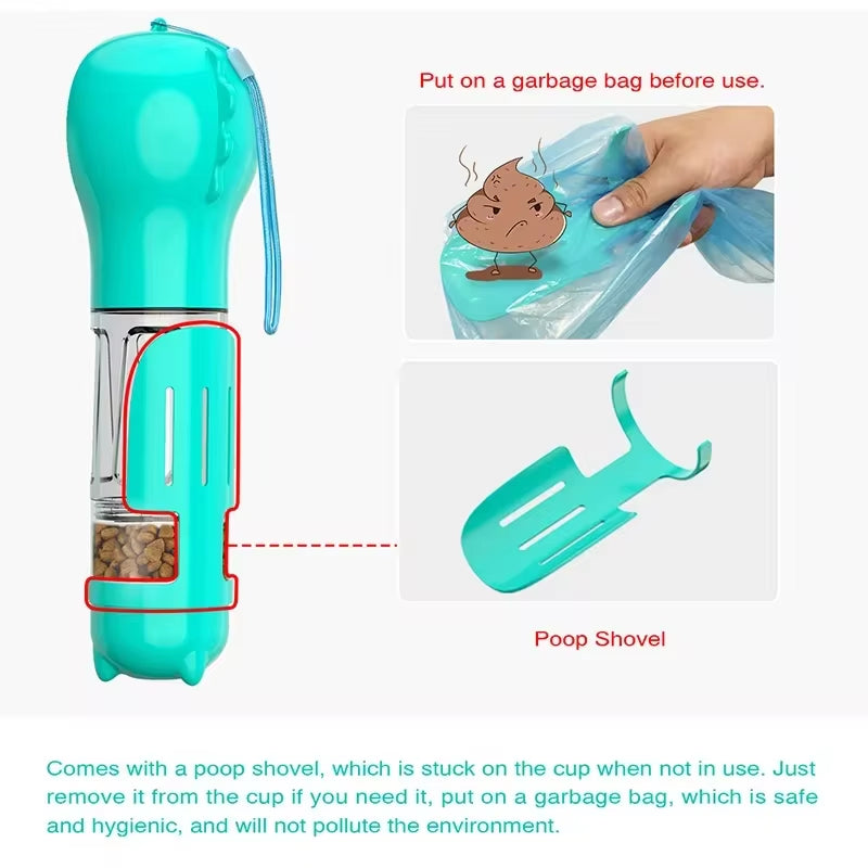  Gourde 3-en-1 pour Chien & Chat – Eau, Croquettes & Sacs Déchets | Antifuite & Portable