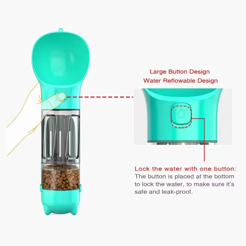  Gourde 3-en-1 pour Chien & Chat – Eau, Croquettes & Sacs Déchets | Antifuite & Portable