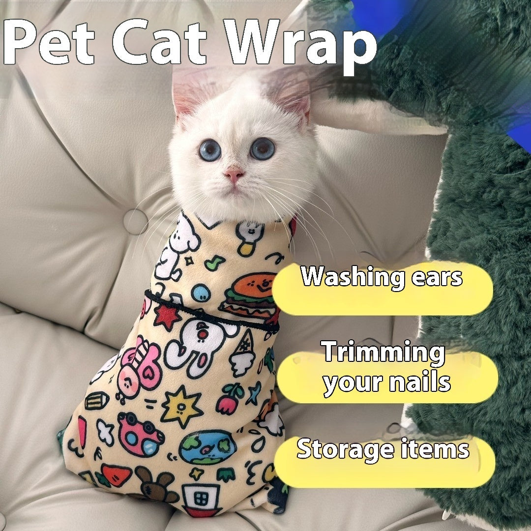 Cute Pet Grooming Wrap – Multi-Functional Velcro Cat Wrap & Travel Cosmetic Organizer