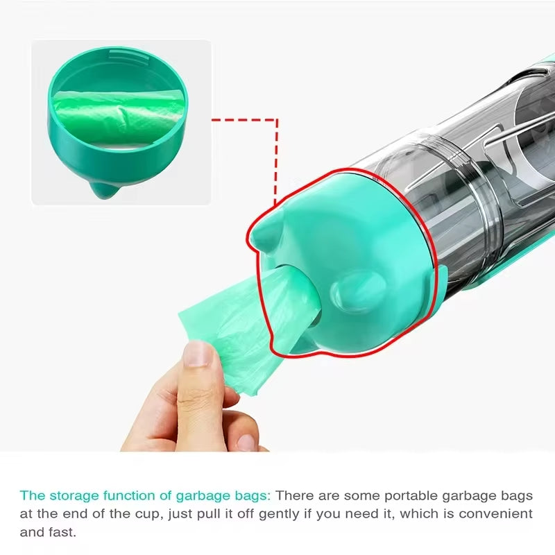  Gourde 3-en-1 pour Chien & Chat – Eau, Croquettes & Sacs Déchets | Antifuite & Portable